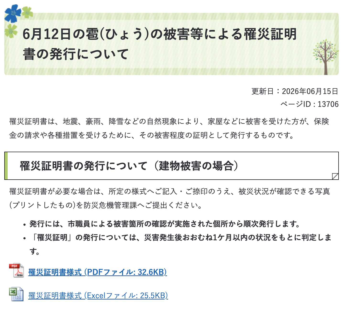 6月12日の雹(ひょう)の被害等による罹災証明書の発行について 